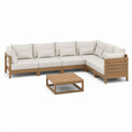 Salon de jardin d'angle 5 places en acacia massif beige avec table basse rectangulaire 300 x 220 x 75 cm