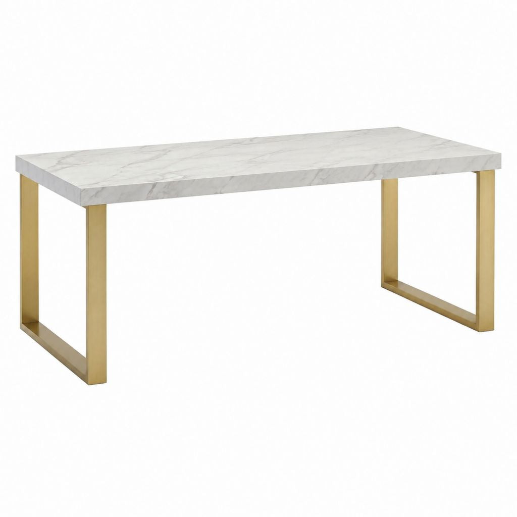 Table à manger rectangulaire blanche effet marbre en MDF et acier inoxydable doré 180 x 90 x 75 cm