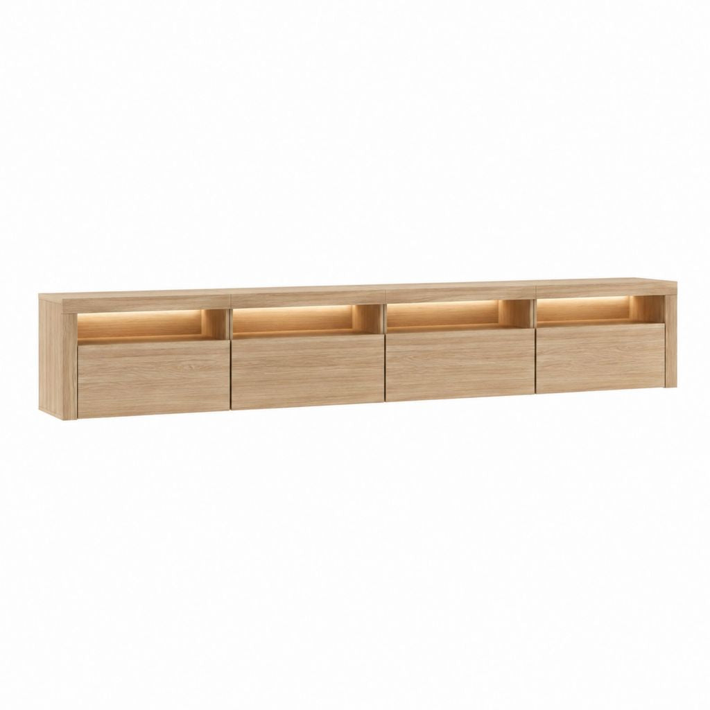Ensemble meuble TV bas 4 éléments chêne clair en panneaux de particules 240 x 40 x 45 cm avec éclairage LED