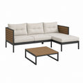 Salon de jardin d’angle 3 places avec table basse beige et marron en aluminium et bois composite 200 x 140 x 65 cm