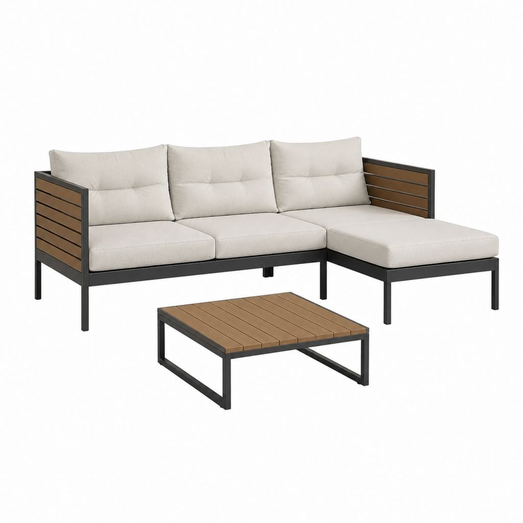 Salon de jardin d’angle 3 places avec table basse beige et marron en aluminium et bois composite 200 x 140 x 65 cm