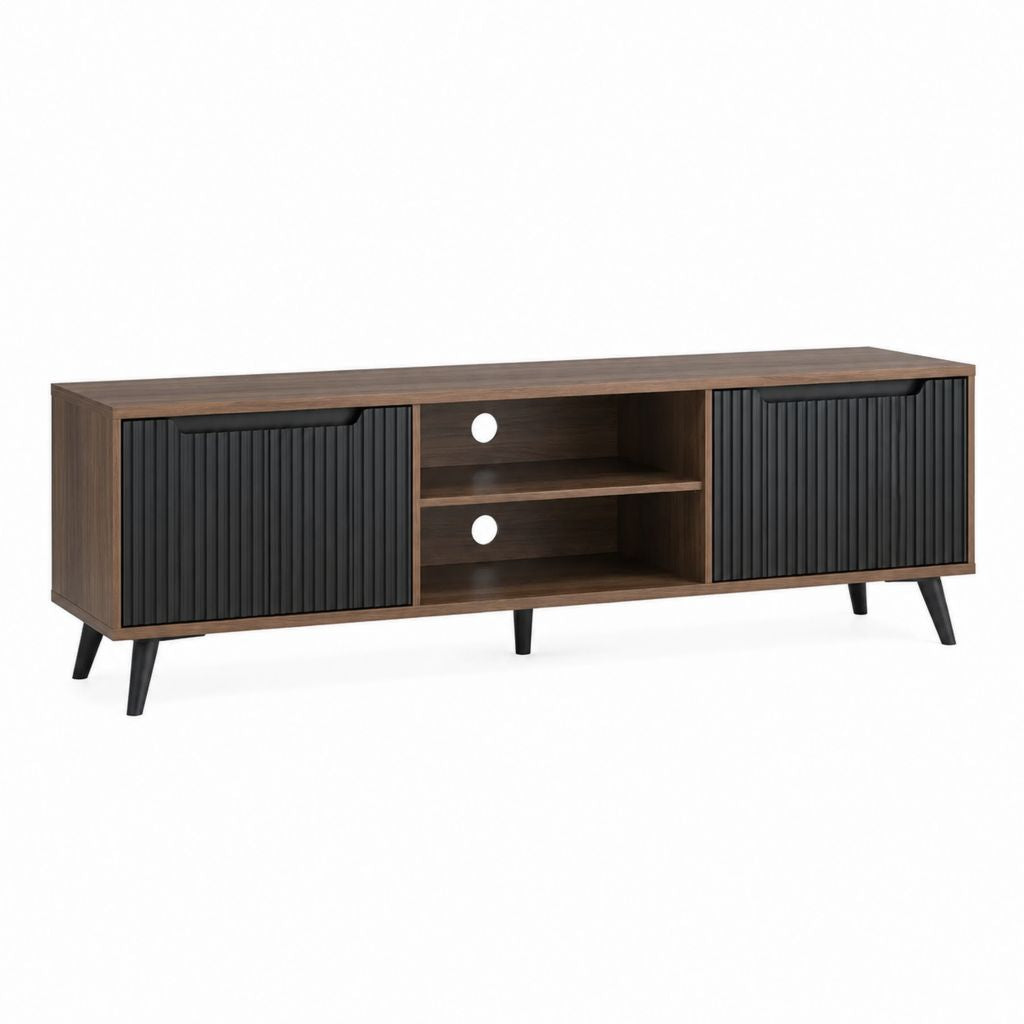 Meuble TV 160 cm noyer et noir en panneaux de particules avec 2 portes coulissantes et passe-câbles