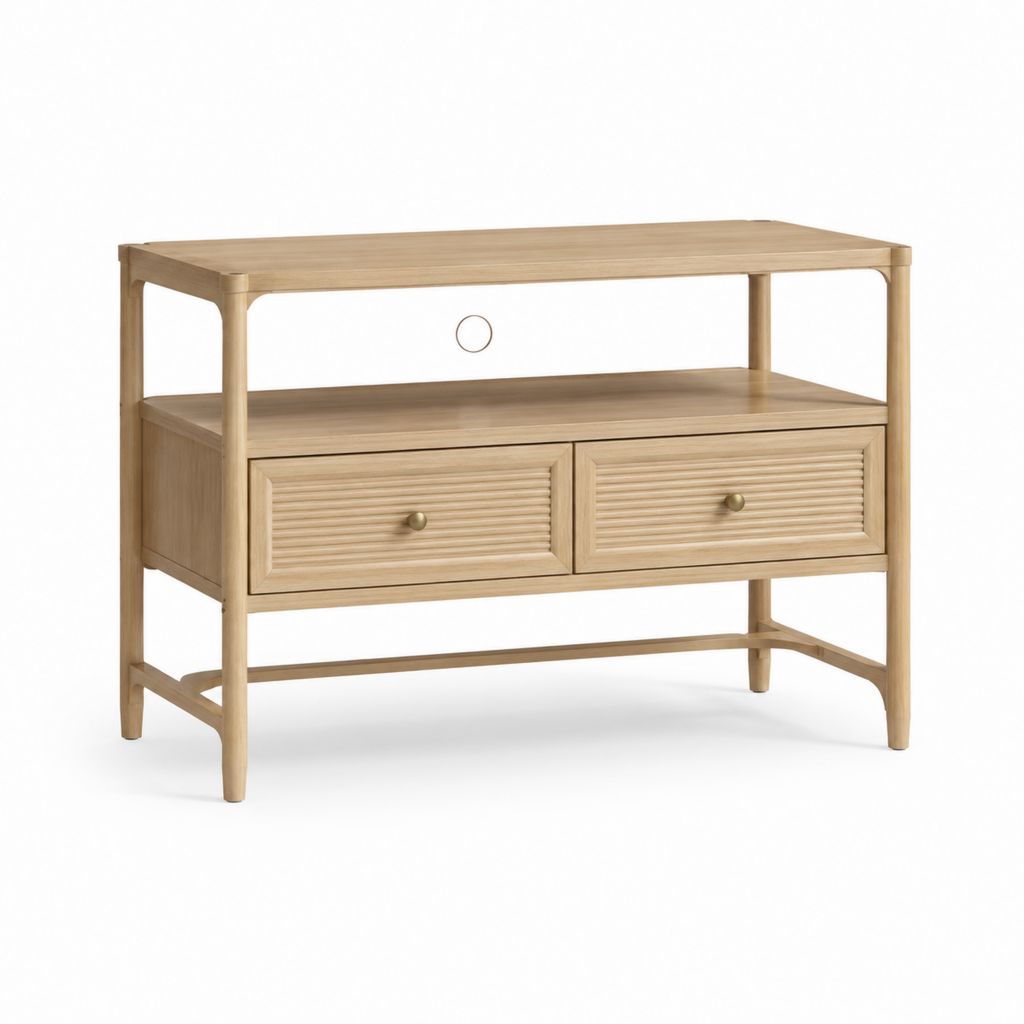 Meuble TV rectangulaire naturel en bois massif d'hévéa et MDF plaqué chêne avec 2 tiroirs 110 x 40 x 80 cm