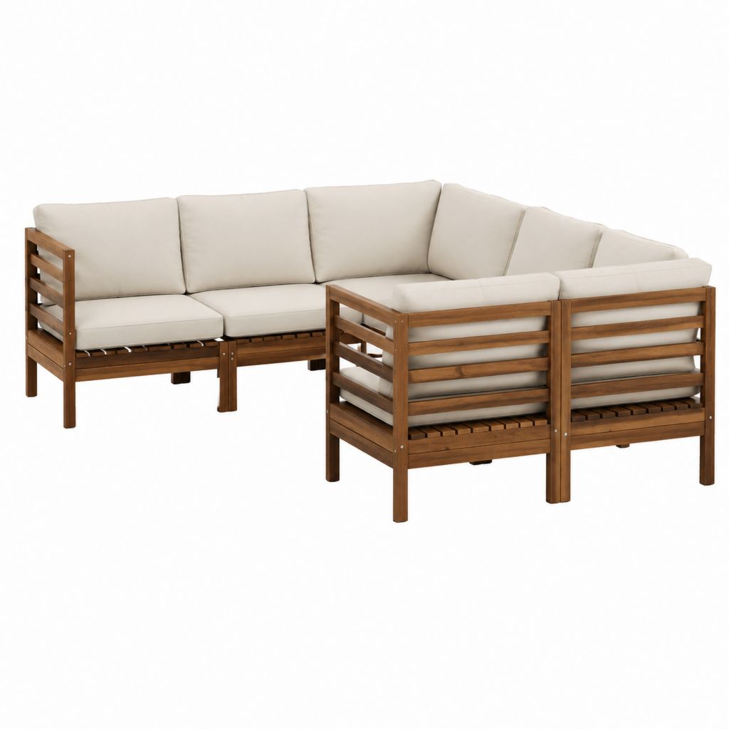 Salon de jardin d'angle 5 places en acacia massif marron avec coussins crème 252 x 196 x 65 cm
