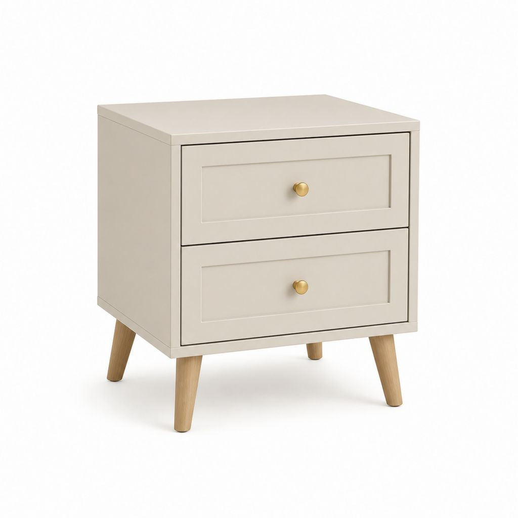 Table de chevet 2 tiroirs beige en MDF et bois d'hévéa rectangulaire 50 x 40 x 60 cm