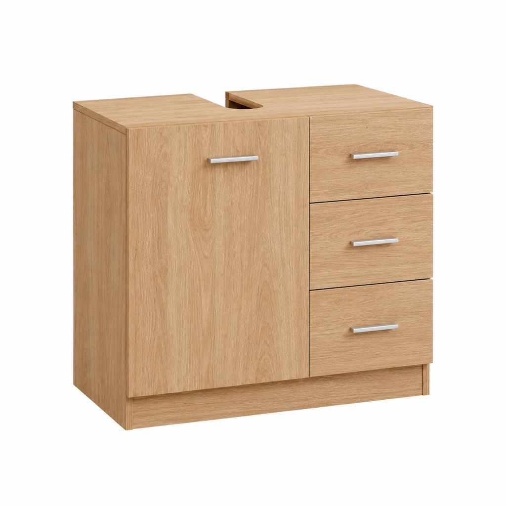 Meuble sous vasque à poser chêne clair en panneaux MDF 60 x 46 x 60 cm avec 1 porte et 3 tiroirs
