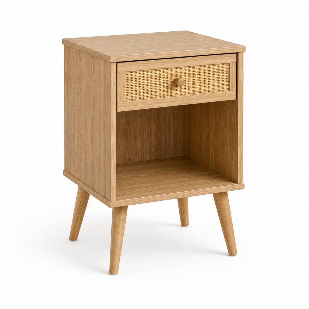 Table de chevet avec tiroir et niche en chêne naturel cannage de rotin 45 x 35 x 60 cm