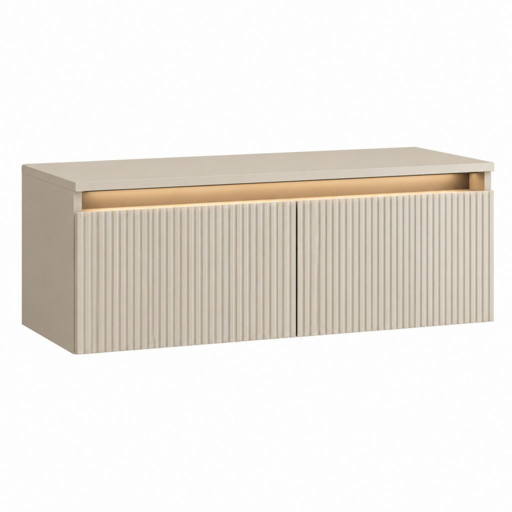 Meuble TV 2 portes beige en panneaux MDF rainurés rectangulaire 140 x 40 x 55 cm