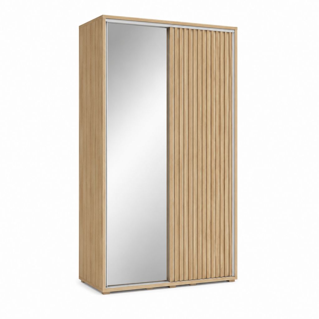 Armoire coulissante rectangulaire chêne clair en panneaux de particules mélaminés avec miroir 120 x 60 x 200 cm