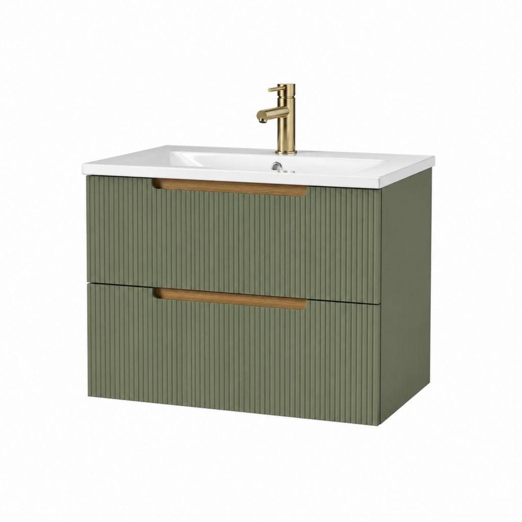 Meuble sous vasque suspendu vert olive en MDF avec vasque en céramique 80 x 46 x 55 cm