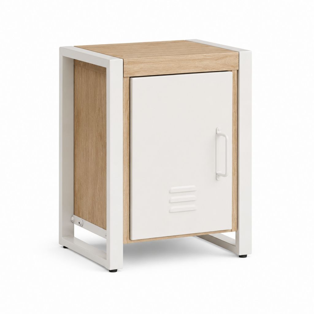 Table de chevet à 1 porte blanche et chêne en acier et panneaux MDF 40 x 35 x 55 cm