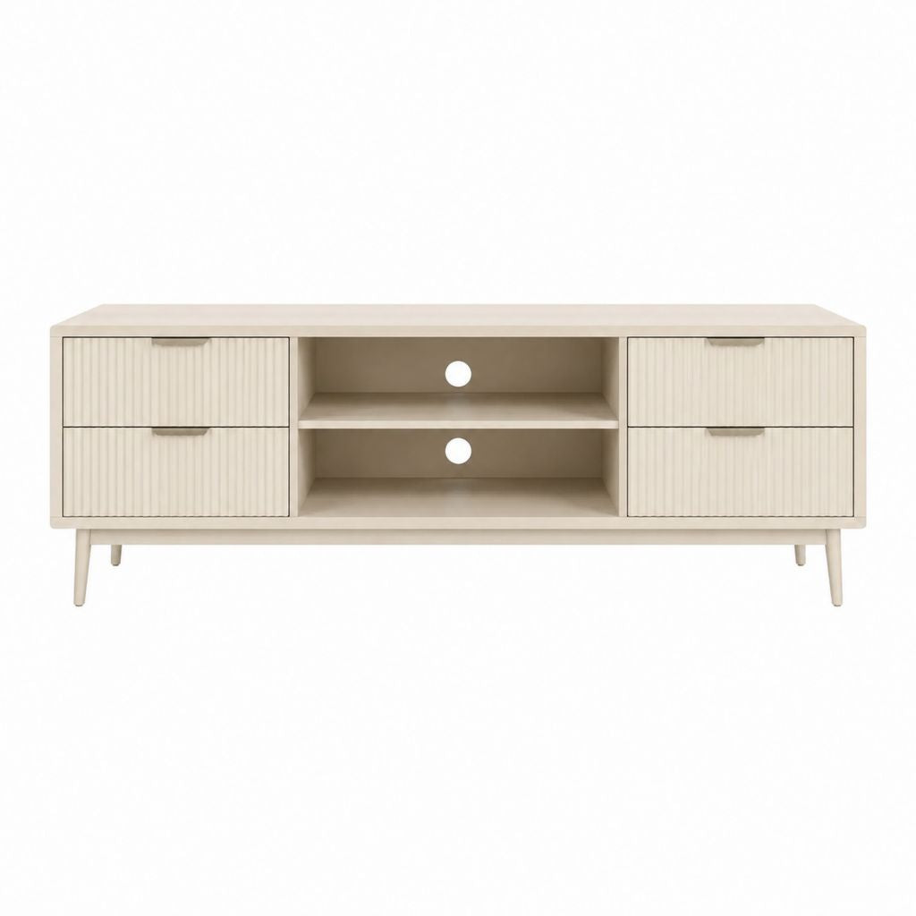 Meuble TV beige en panneaux MDF rectangulaire avec 4 tiroirs et 2 niches 160 x 40 x 55 cm