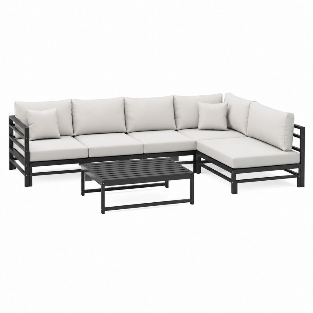 Salon de jardin d'angle 4 places avec table basse noir et beige en aluminium 198 x 198 cm