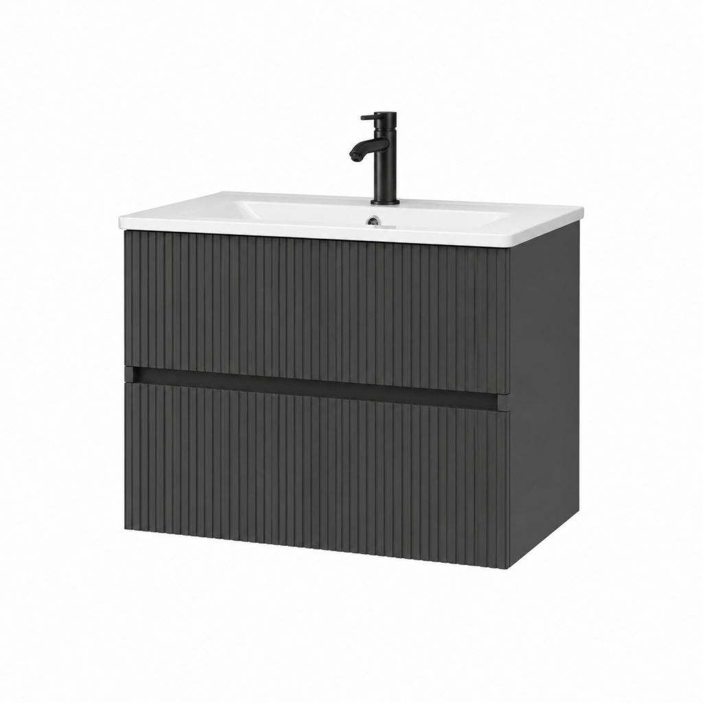 Meuble sous vasque suspendu anthracite en MDF strié avec vasque en céramique 80 x 46 x 55 cm