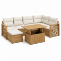 Salon de jardin d'angle 5 places en acacia massif naturel avec coussins beige et table coffre relevable 220 x 220 x 88 cm