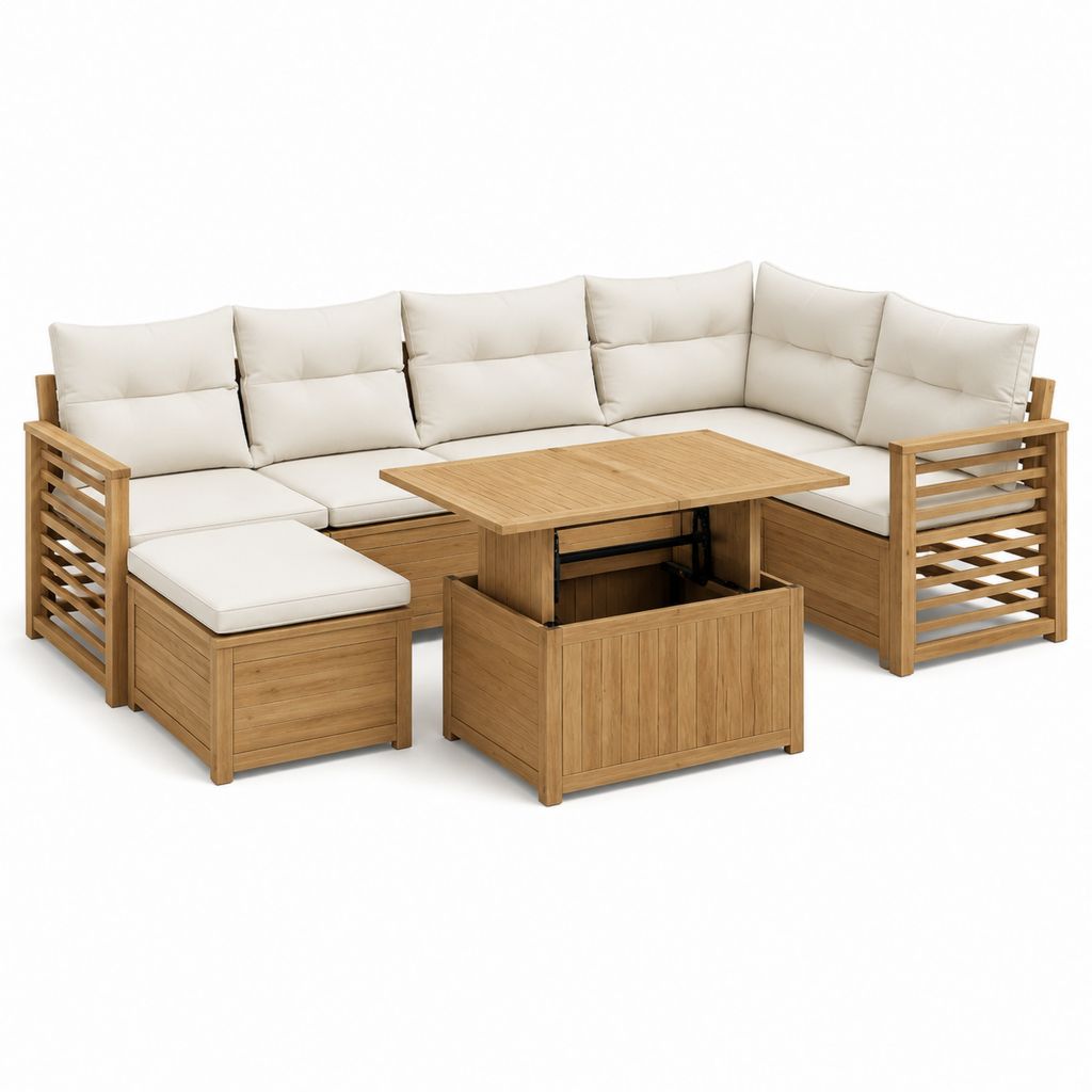 Salon de jardin d'angle 5 places en acacia massif naturel avec coussins beige et table coffre relevable 220 x 220 x 88 cm