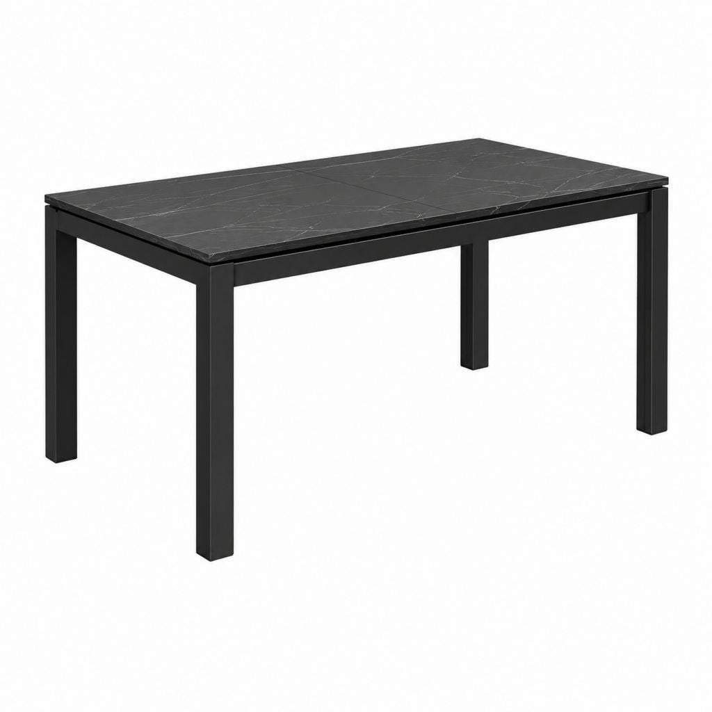 Table à manger rectangulaire noire en verre trempé effet marbre et acier 140 x 80 x 75 cm