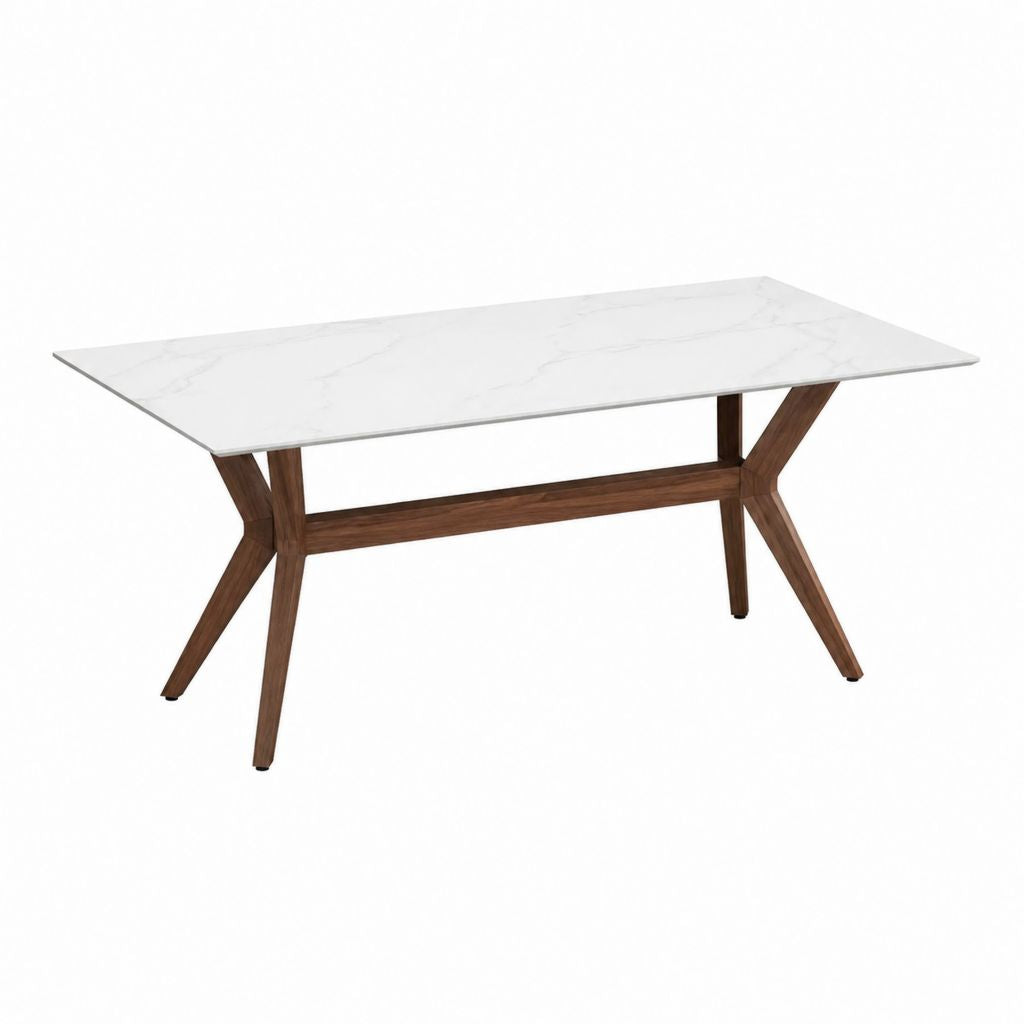 Table à manger rectangulaire blanche et noyer en céramique et bois massif 160 x 90 x 75 cm