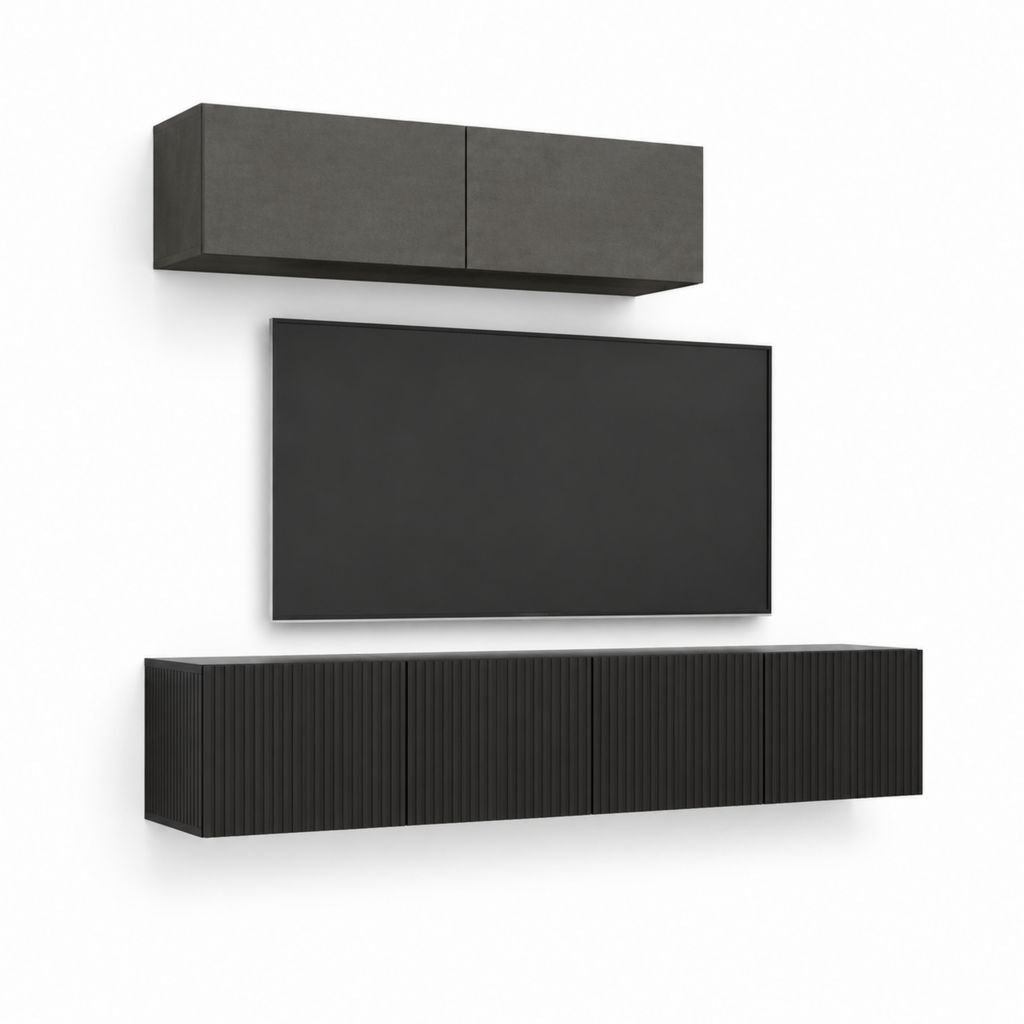 Ensemble meuble TV mural noir et anthracite en panneaux de particules 180 x 30 x 35 cm avec meuble haut 120 x 30 x 30 cm