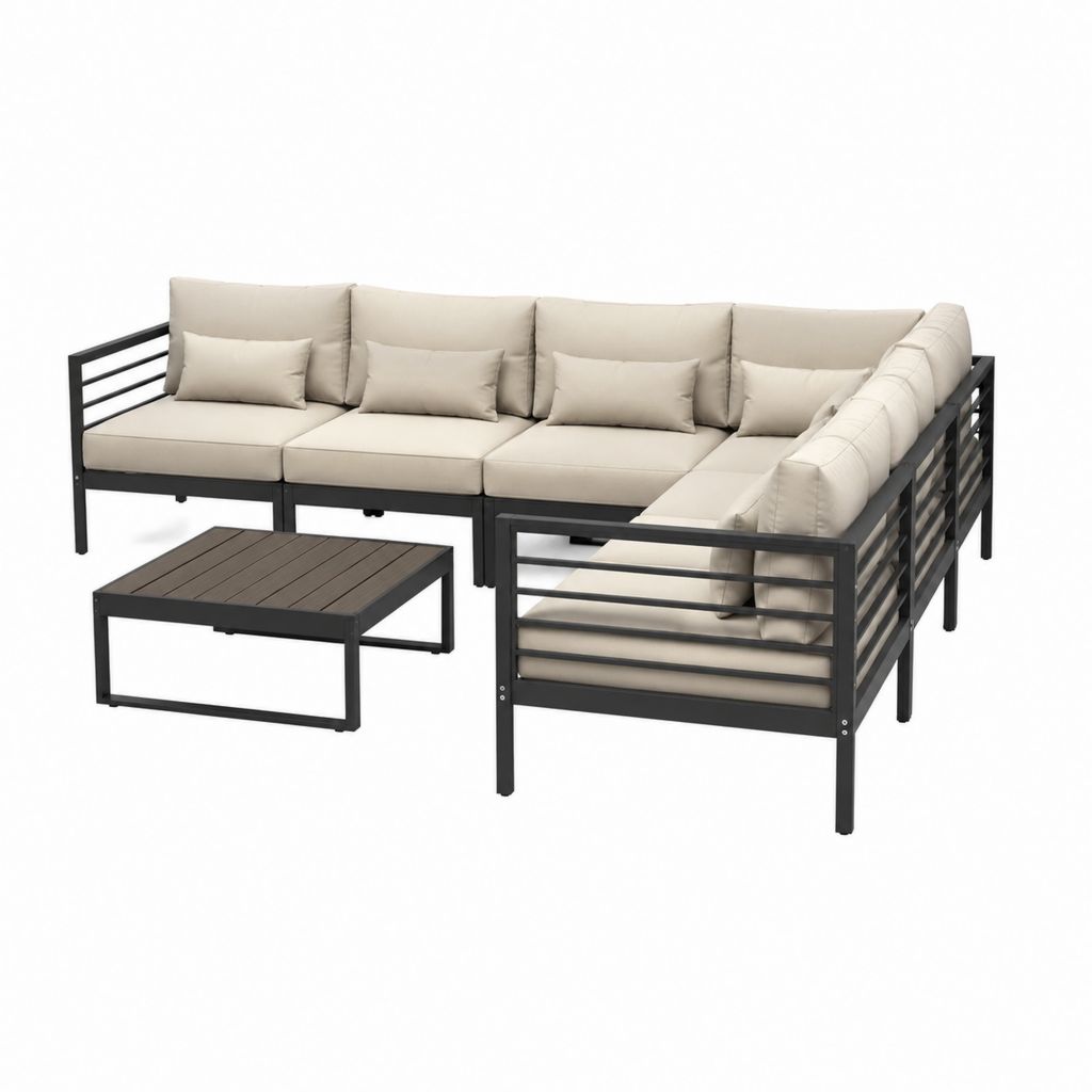 Salon de jardin d'angle 4 places avec table basse noir et beige en acier et polyester 244 x 172 x 65 cm