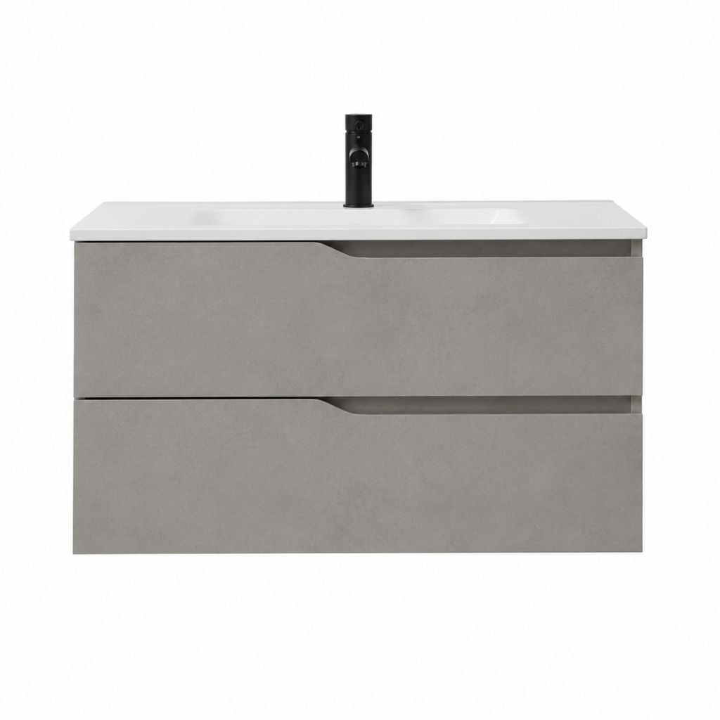 Meuble sous vasque suspendu avec vasque blanc et gris béton en panneaux de particules 100 x 46 x 50 cm