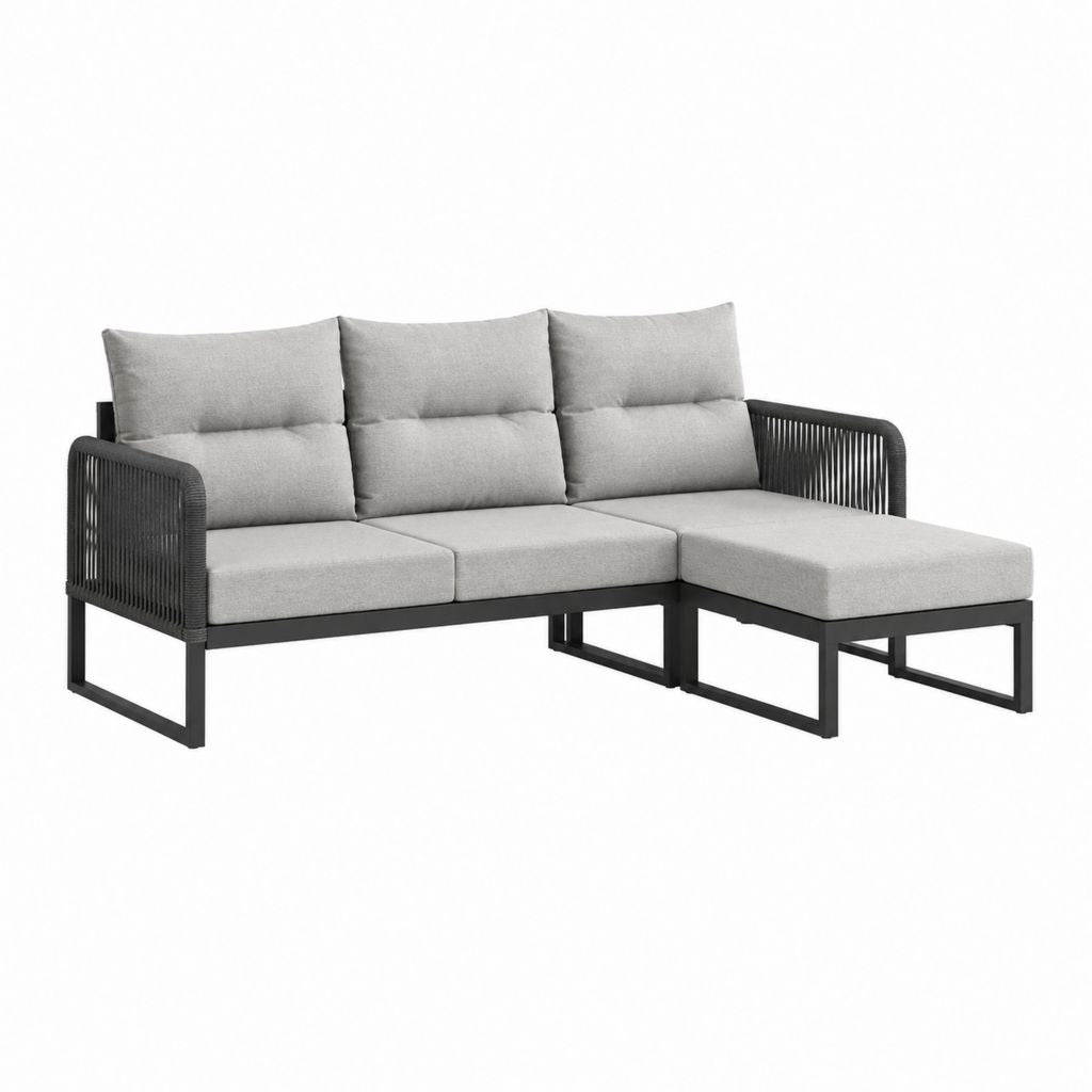 Canapé de jardin d'angle 3 places gris en acier et corde polyester 220 x 150 x 78 cm