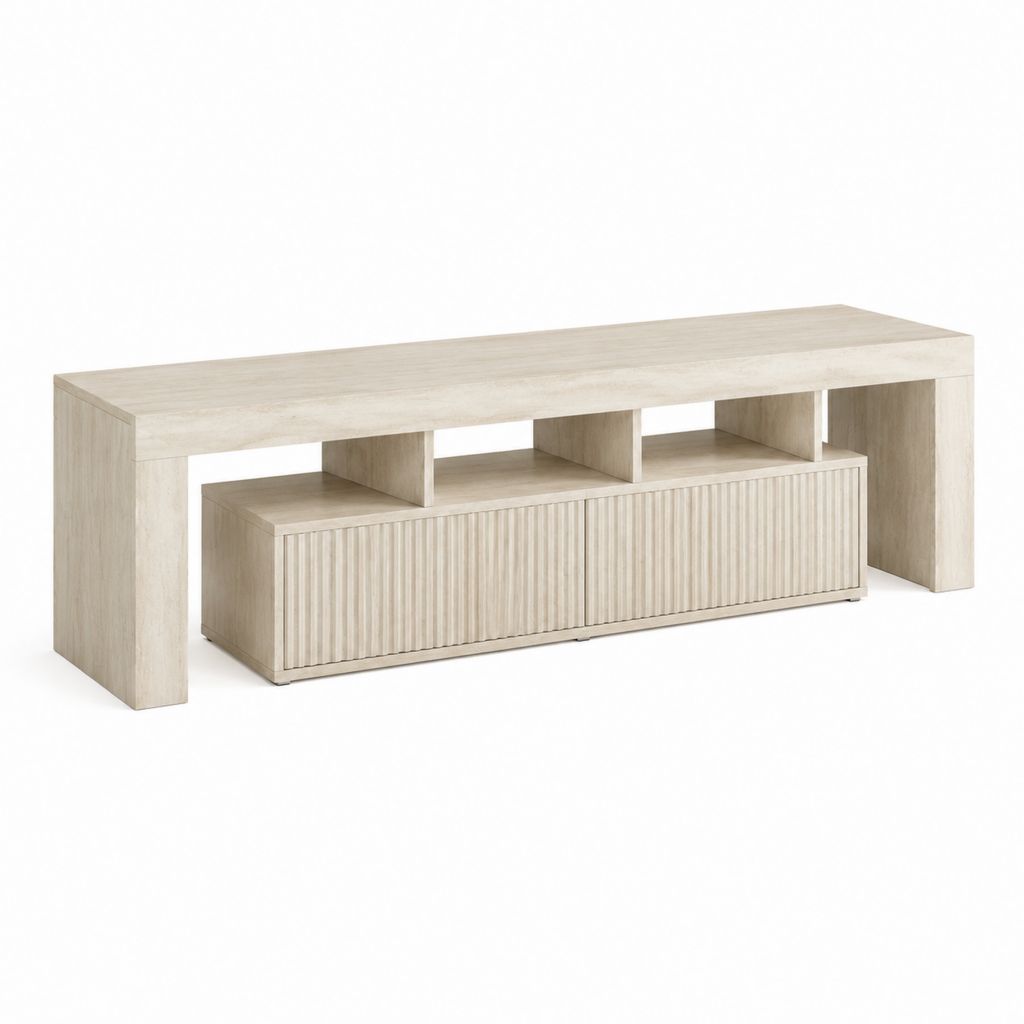 Meuble TV beige en panneaux de particules mélaminés avec 2 portes et 3 niches 180 x 40 x 65 cm